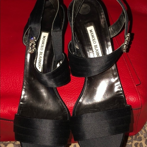 Manila Bkanik  size 10 black satin heels ankle strap with rhinestones 3” heel - Picture 8 of 15